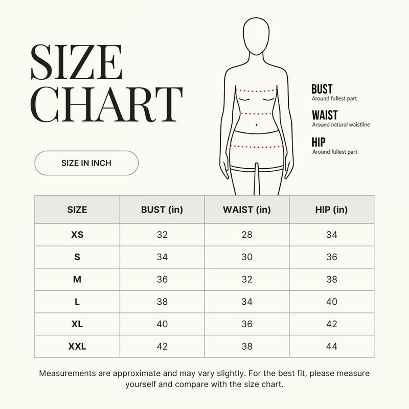 Size chart for Elsa Sleeveless Short Kurti