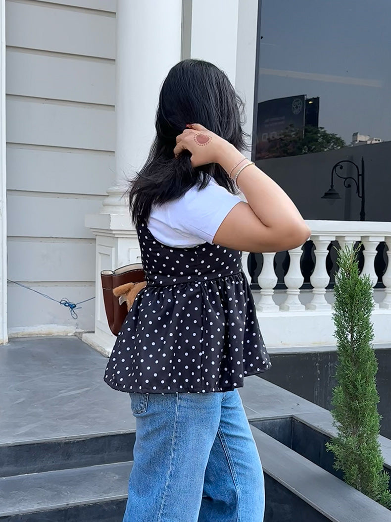 Lucy Black Polka Peplum Top